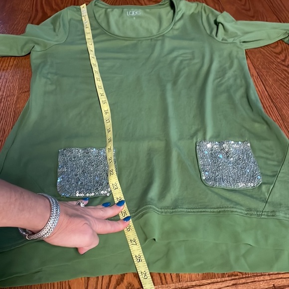 LOGO by Lori Goldstein relaxed fit sequins pockets tunic top green scoop neck SM - Picture 9 of 11